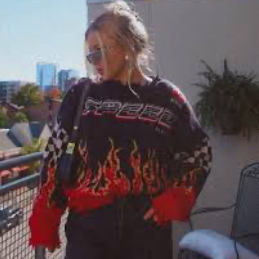 Bikercore Fire & Letter Speed Flame Pattern Drop Shoulder Sweater 2XL